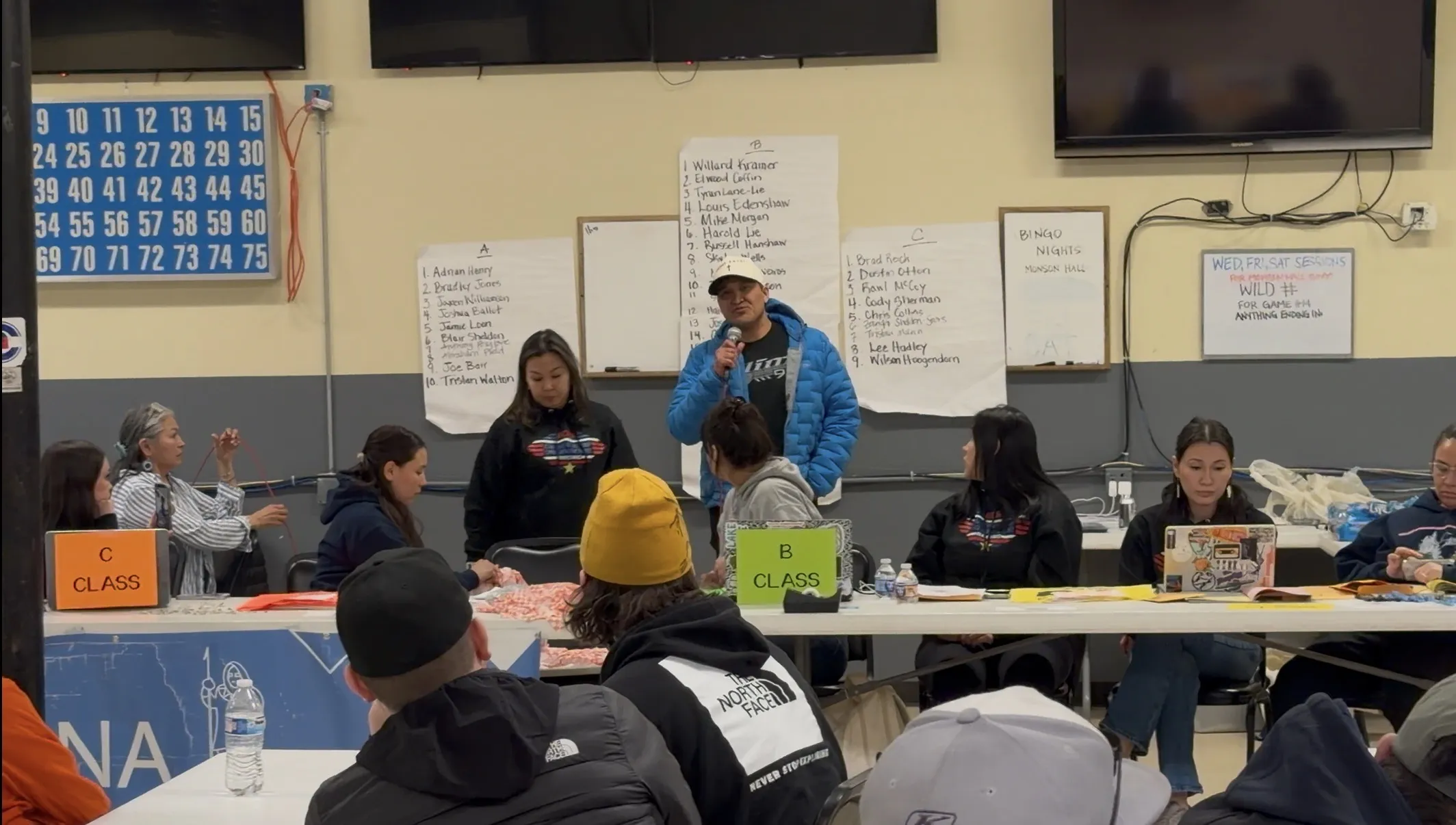 Minister Tommy Frankson conducting a community bible study and craft workshop at Monson Hall in Kotzebue, Alaska with local residents.